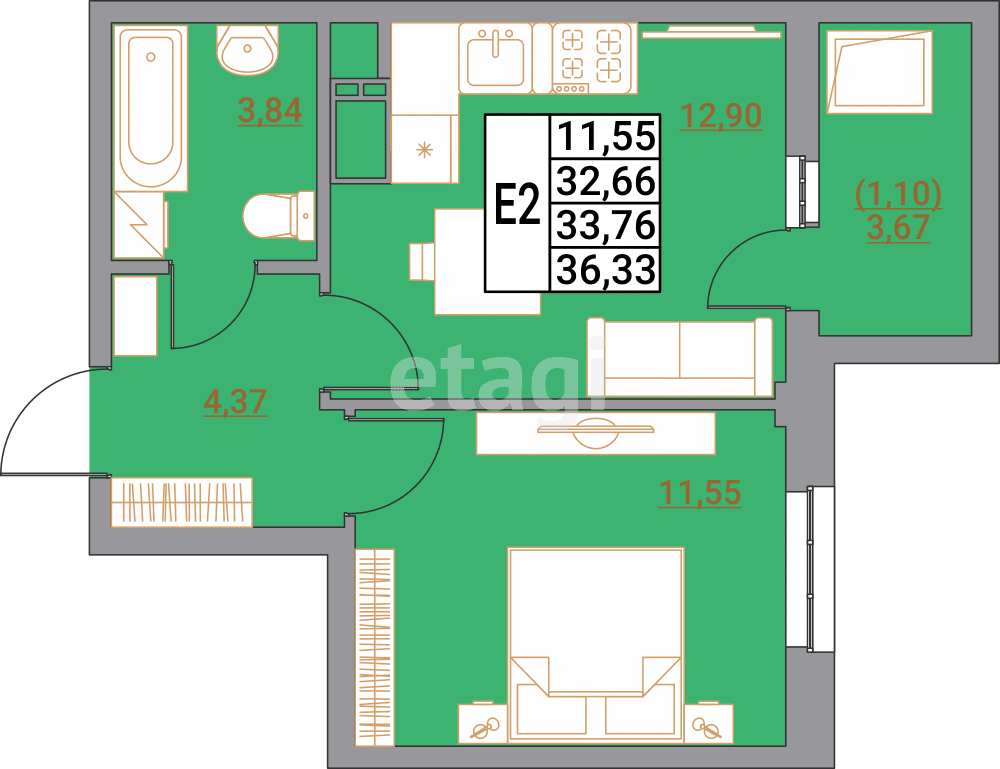 1-комн. квартира, 36.33 м²