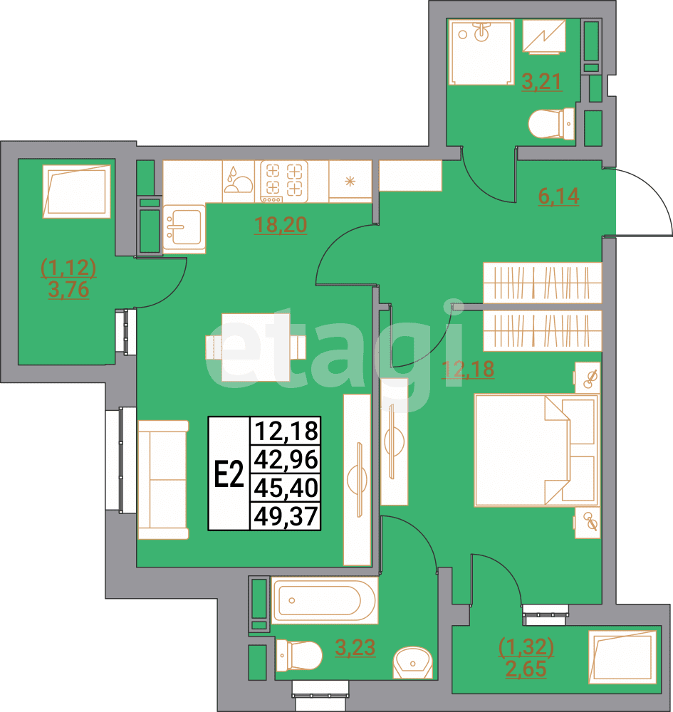 1-комн. квартира, 49.37 м²