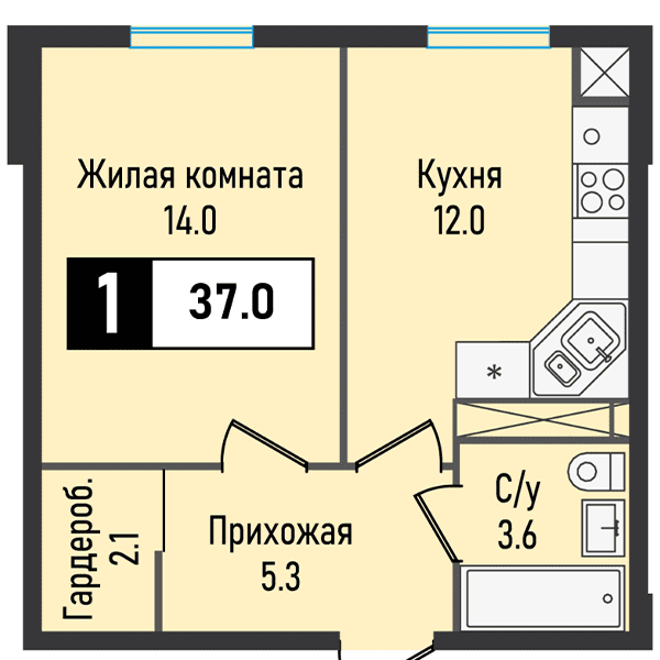 1-комнатная квартира 37 м
