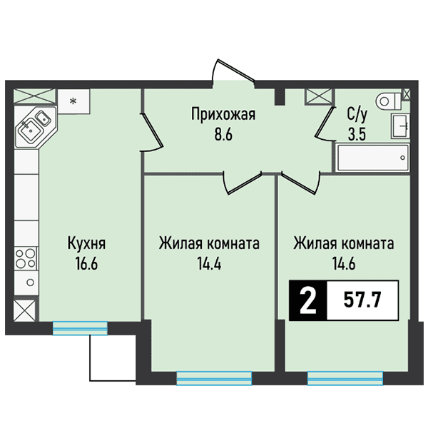 2-комнатная квартира 53,8 м