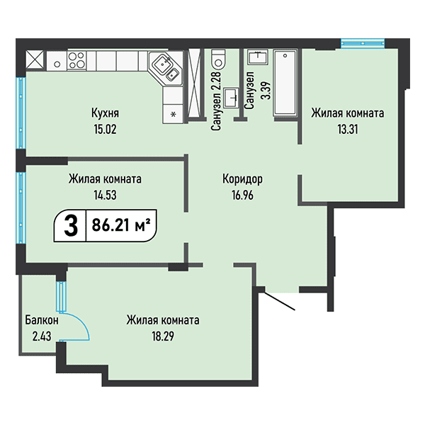 3-комнатная квартира 86,21 м