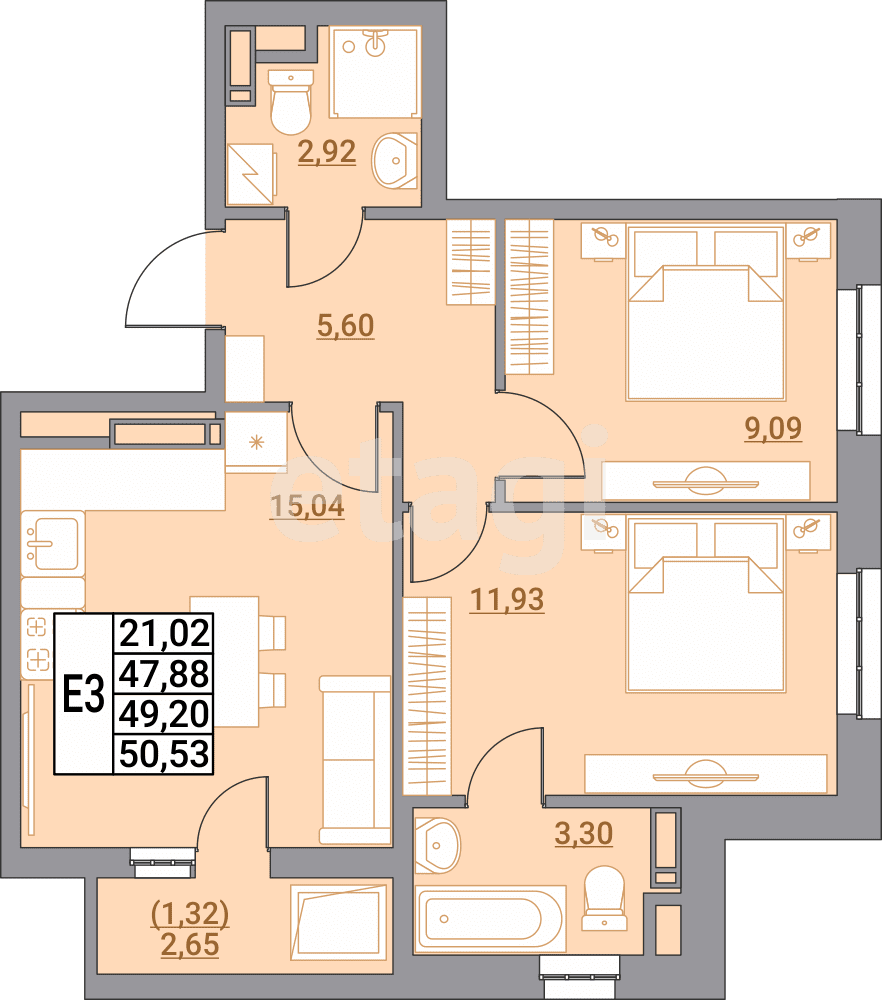 2-комн. квартира, 50.53 м²