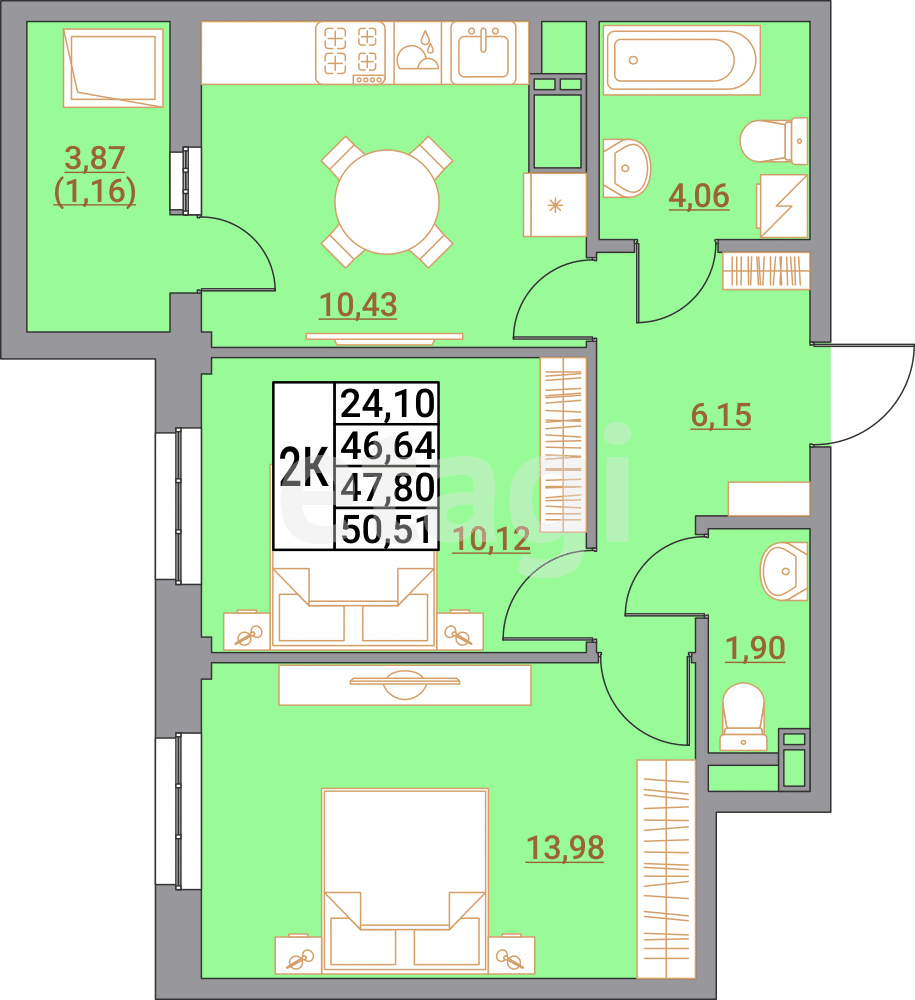 2-комн. квартира, 50.51 м²