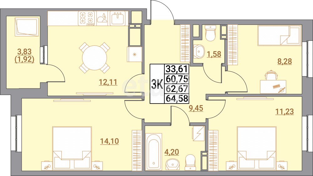 3-комн. квартира, 64.58 м²