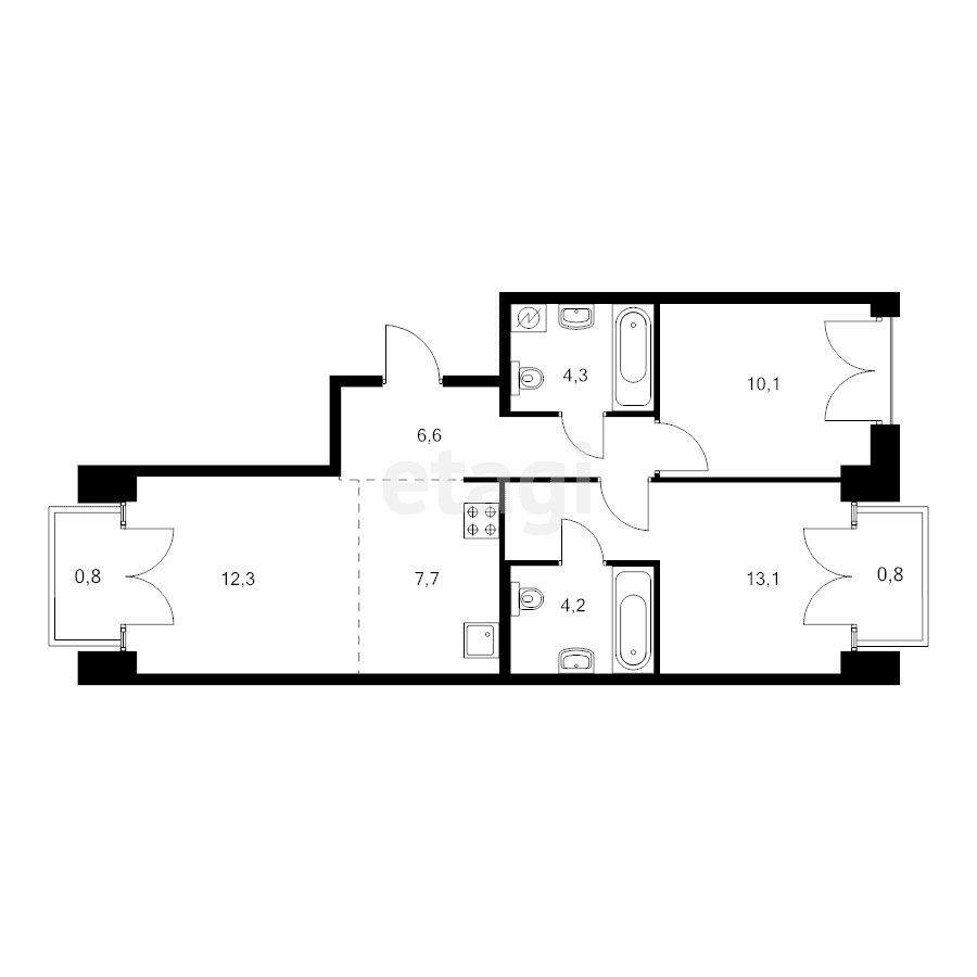 2-комн. квартира, 59.9м²