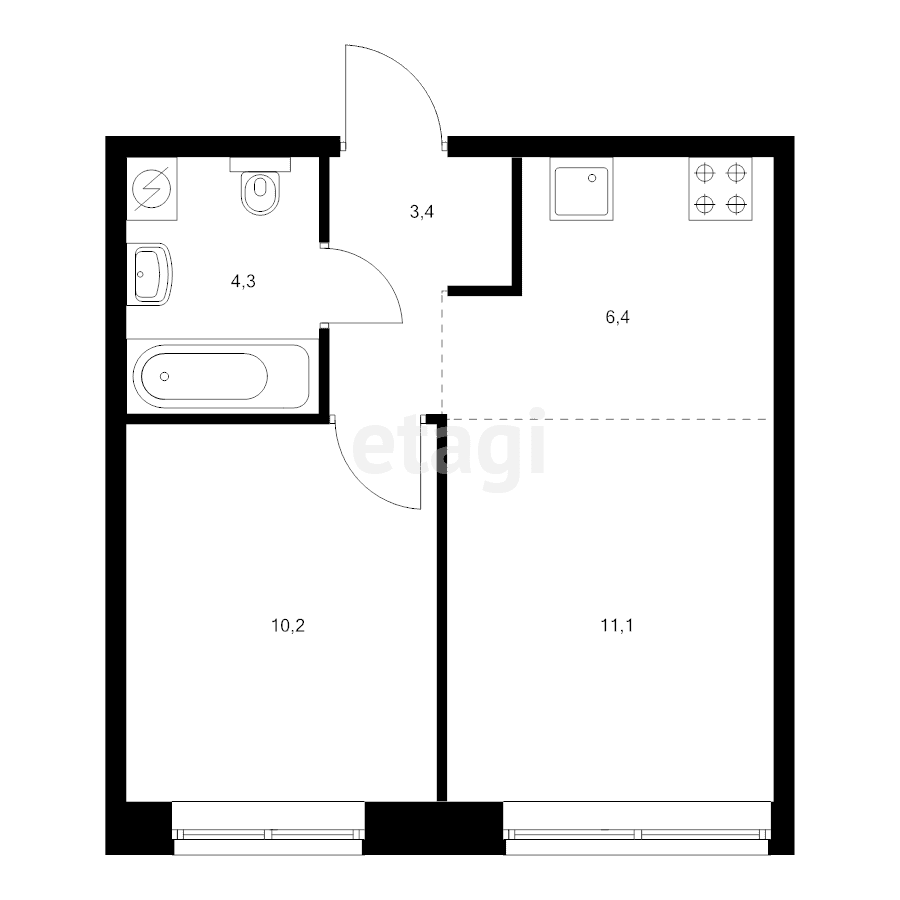 1-комн. квартира, 35.4м²