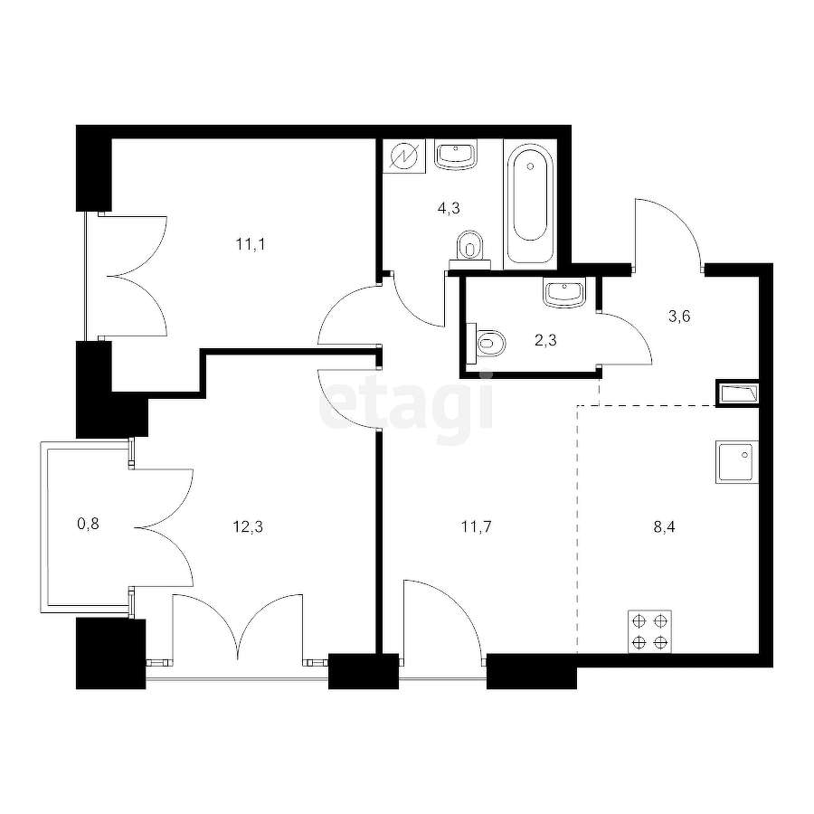 2-комн. квартира, 54.5м²