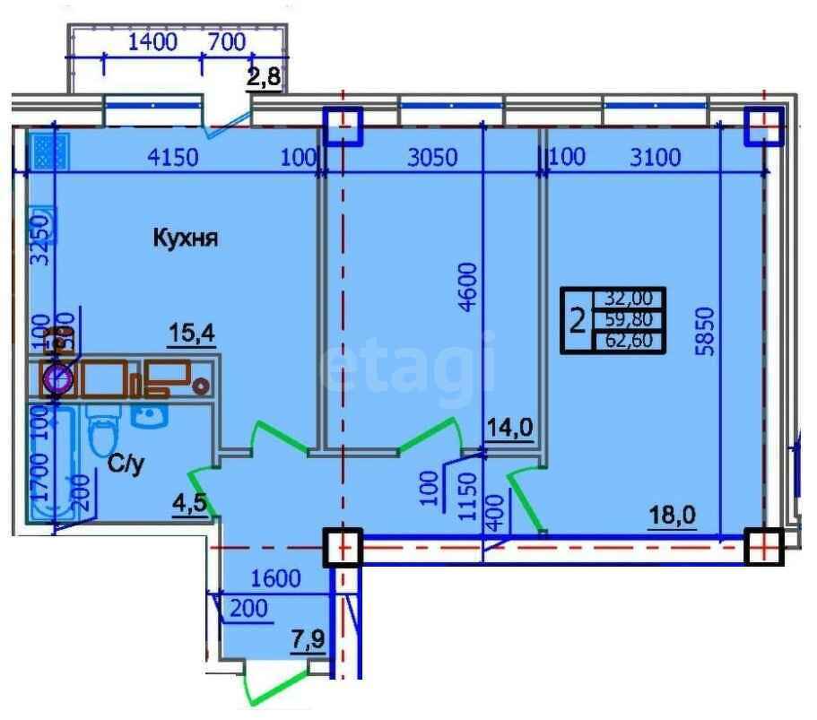 2-комн. квартира, 62.6м²