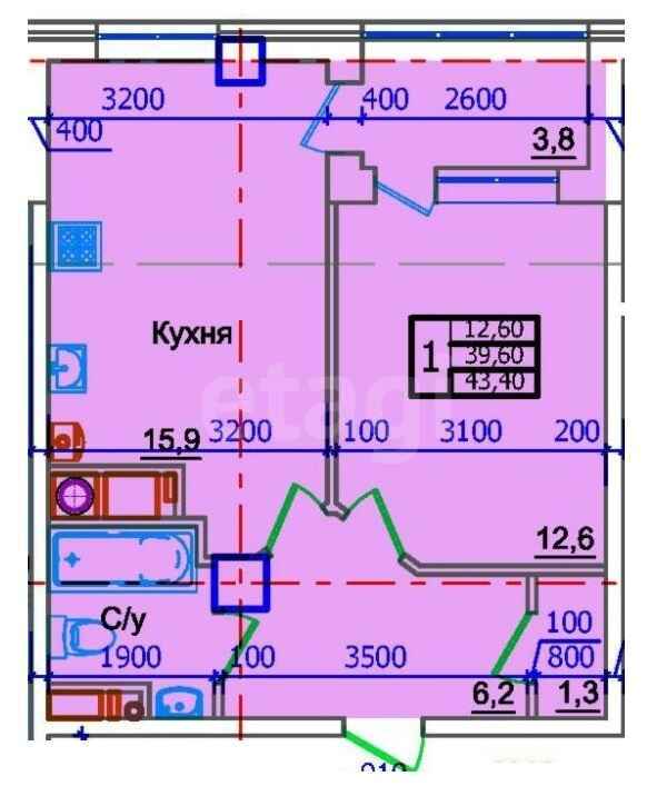 1-комн. квартира, 44.1м²