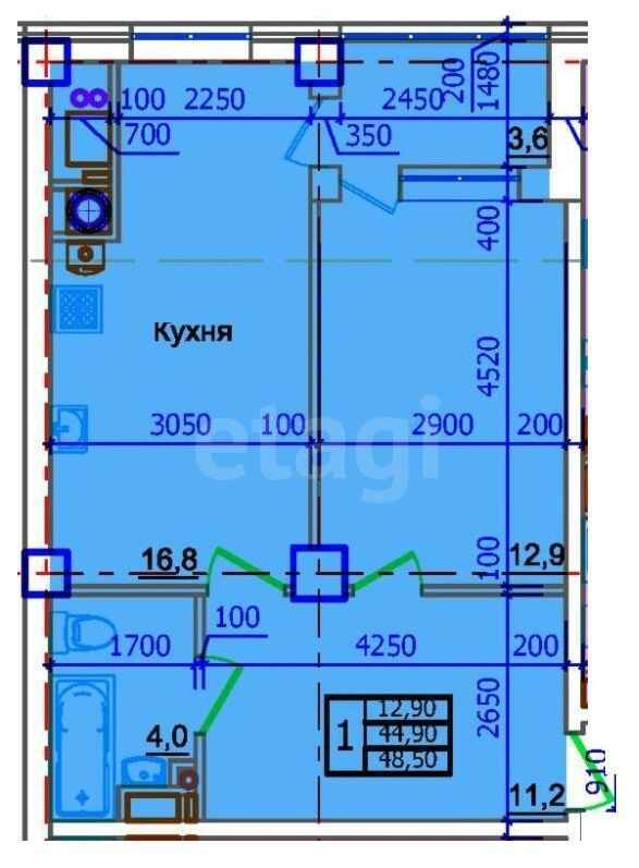 1-комн. квартира, 49.7м²