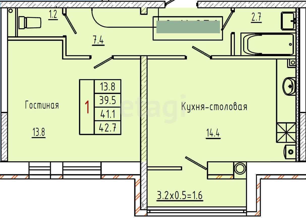 1-комн. квартира, 42.7м²
