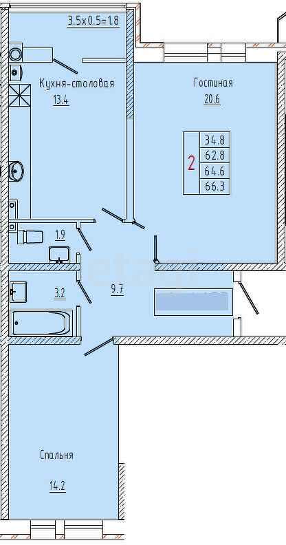 2-комн. квартира, 65.7м²