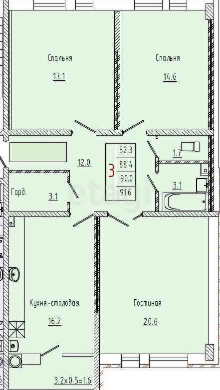 3-комн. квартира, 91.6м²