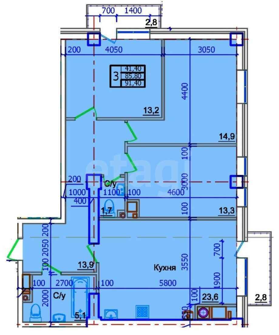 3-комн. квартира, 91.6м²