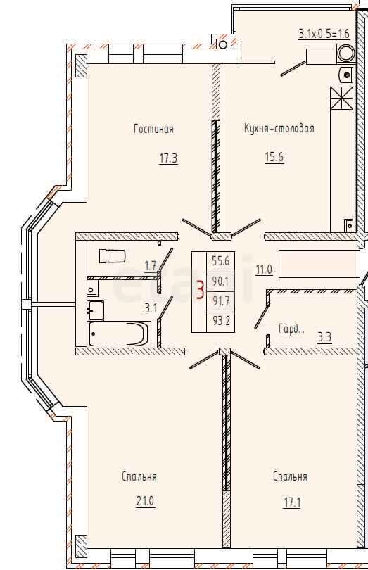3-комн. квартира, 93.2м²