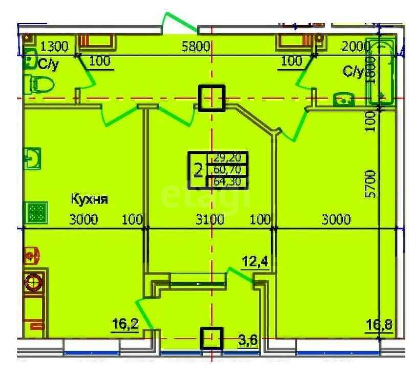 2-комн. квартира, 64.1м²