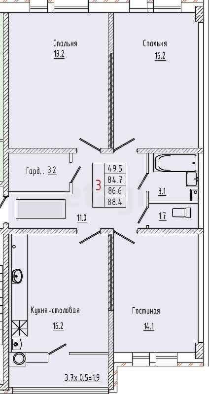 3-комн. квартира, 88.4м²